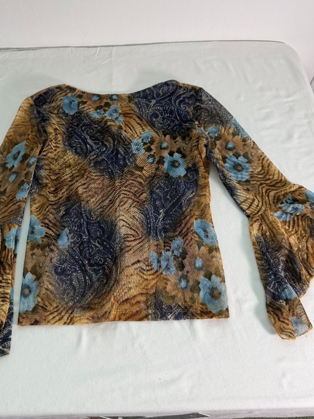 Jessica Max Sheer Mesh Top Women’s Large Paisley Floral Bell Sleeve Y2K Boho - Picture 6 of 6